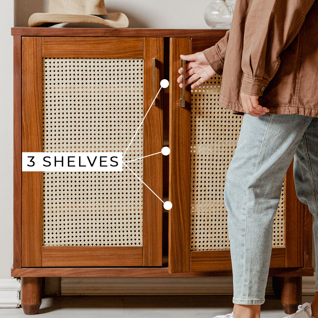 Rangement à chaussures en rotin et noyer