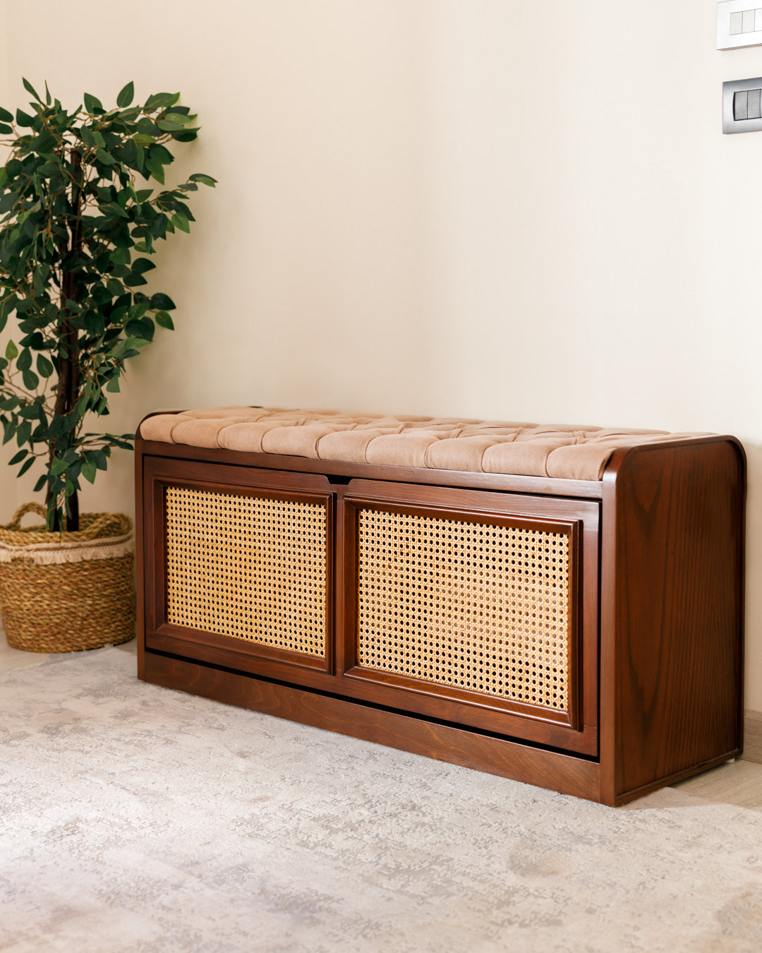 Banc de rangement à chaussures en rotin foncé