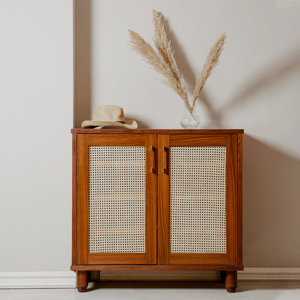 Rangement à chaussures en rotin et noyer
