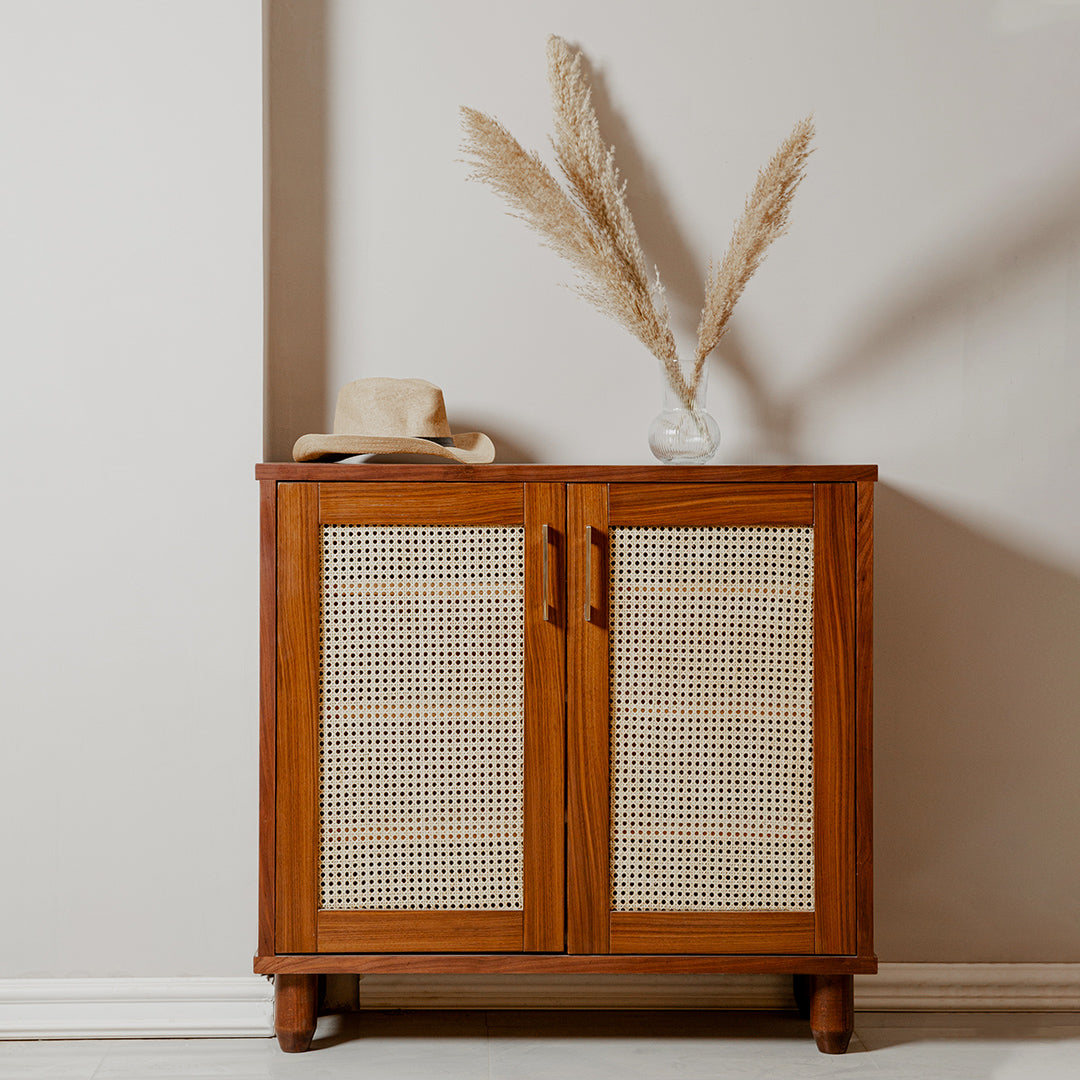 Rangement à chaussures en rotin et noyer